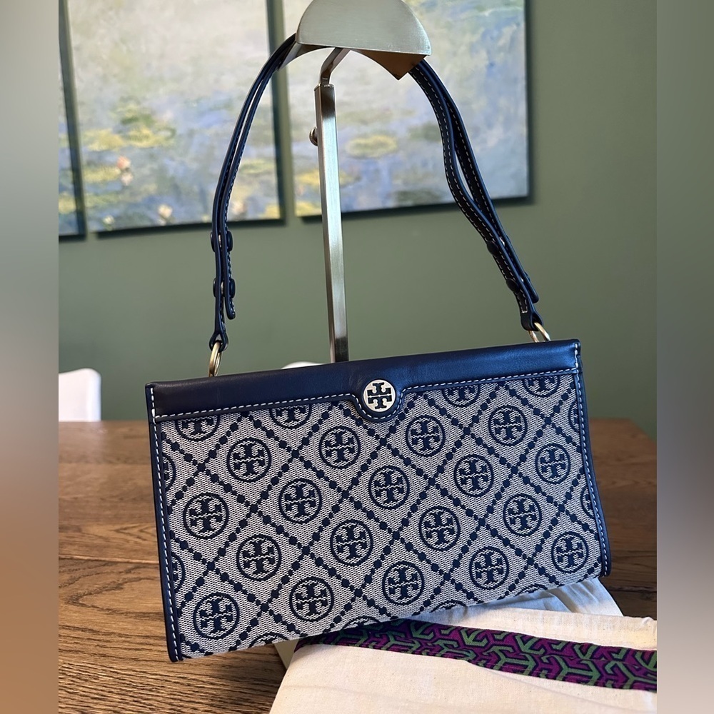 NWT! NEW! Tory Burch T Monogram Jacquard Mini Pouchette Navy 2 in 1 Shoulder Bag